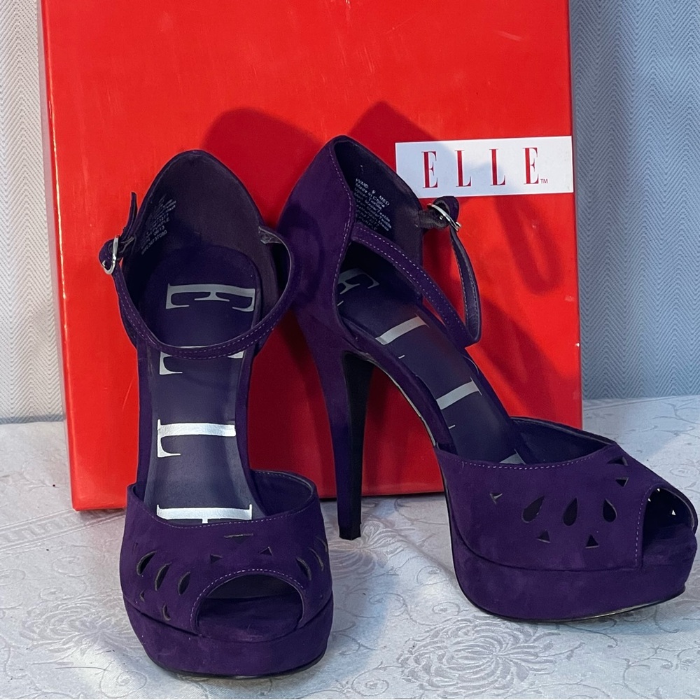 Elle Shoes Purple Suede 5” Stiletto Ankle Strap Peep Toe Platform Eleriane 9👍